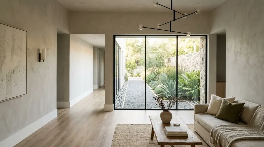 Modern organic minimalist living room featuring smooth plaster walls, light oak flooring, and upgraded minimalist baseboards.