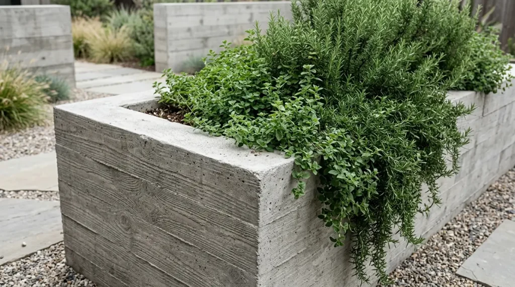 Culinary herbs like rosemary and oregano spilling over a modern board-formed concrete planter box. Culinary herbs like rosemary and oregano spilling over a modern board-formed concrete planter box.