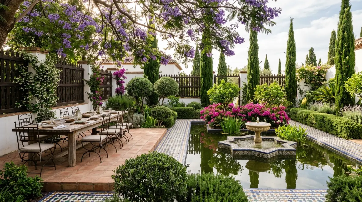 A raised terracotta dining terrace with a rustic wooden table overlooking an Andalusian courtyard pond and jacaranda trees.