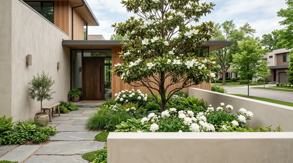 Intimate modern courtyard entryway featuring a low privacy wall, blooming peonies, and a magnolia tree. Intimate modern courtyard entryway featuring a low privacy wall, blooming peonies, and a magnolia tree.