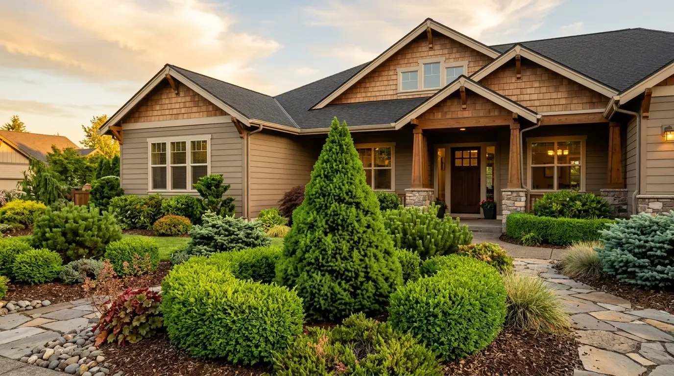 A structural pyramidal conifer and boxwood mounds providing year-round interest in a corner bed.