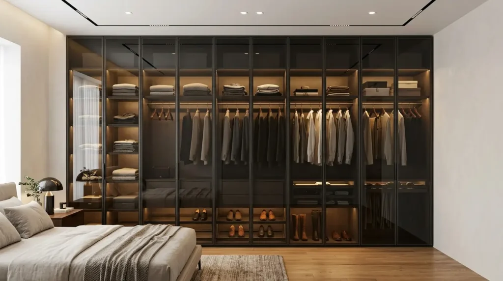 Floor-to-ceiling smoked glass built-in wardrobes with interior LED lighting in a modern luxury bedroom.