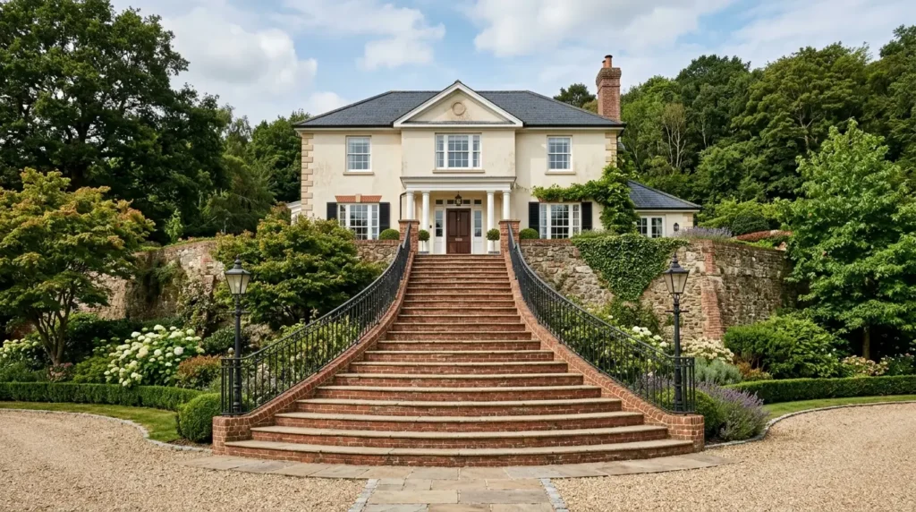 Sweeping red brick stairs leading to an elevated classic house foundation