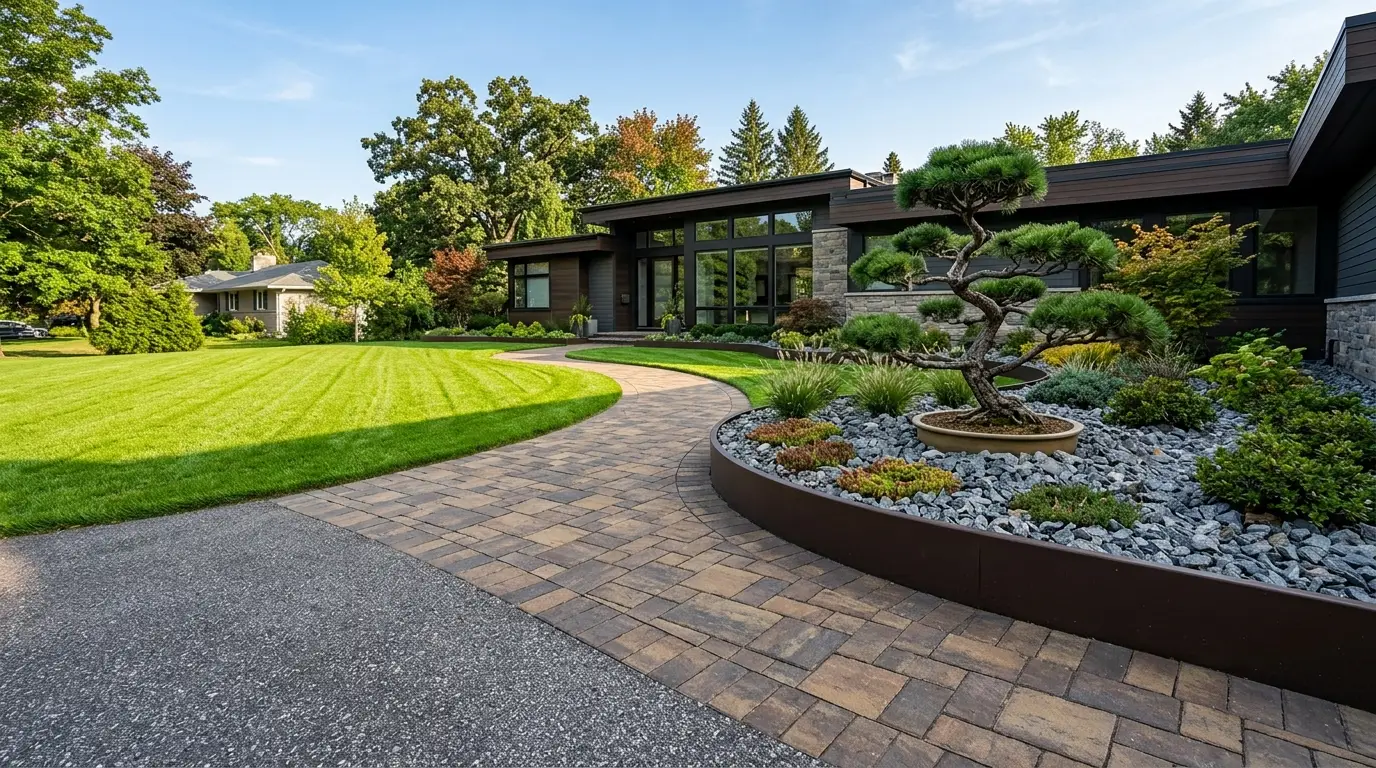Modern garden beds with dark brown edging bordering a stone driveway and a bright green lawn, complementing the house trim.