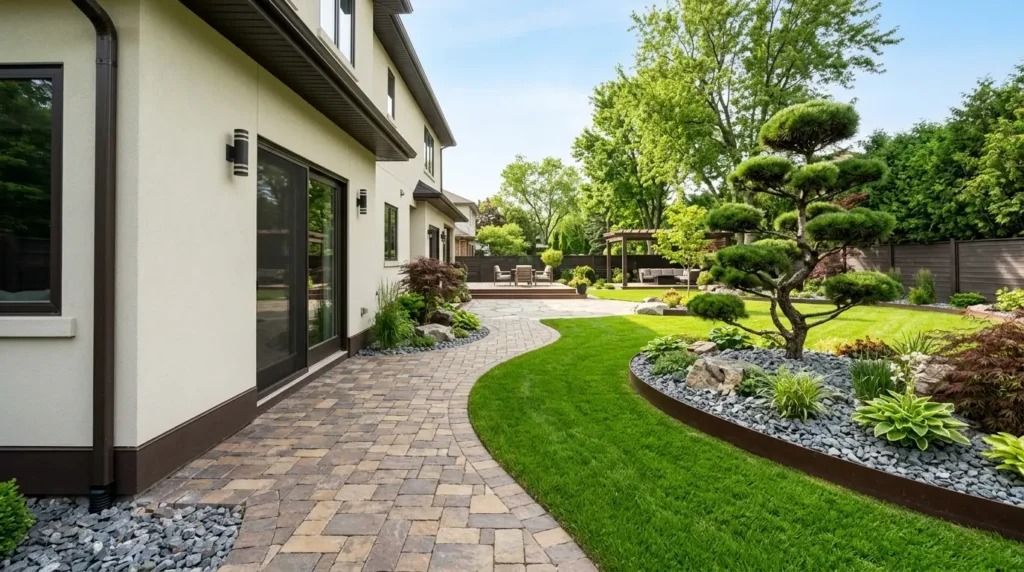 Vue latérale du jardin donnant sur un chemin de pierre incurvé menant à un jardin arrière qui s'élargit, bordé d'une pelouse verte et d'une maison couleur crème. Vue latérale du jardin donnant sur un chemin de pierre incurvé menant à un jardin arrière qui s'élargit, bordé d'une pelouse verte et d'une maison couleur crème.