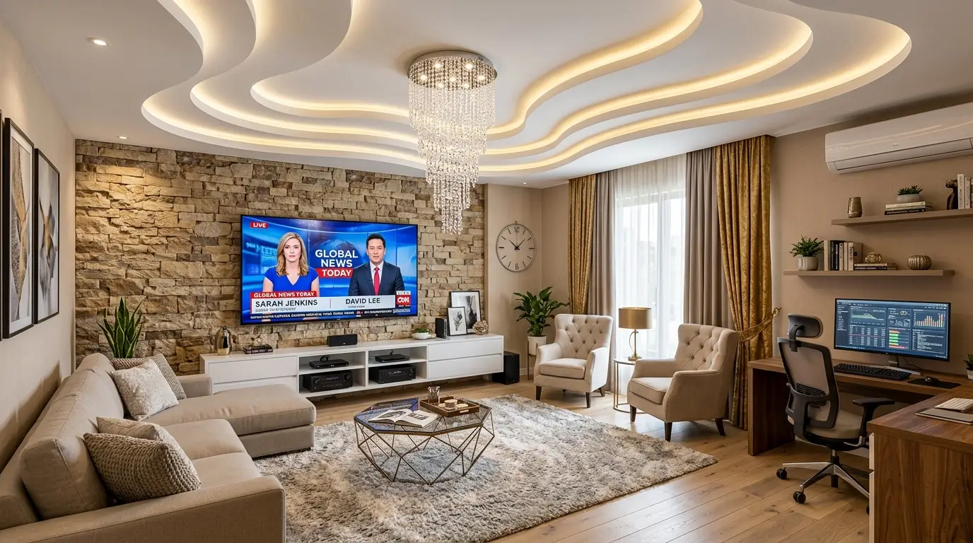 Elaborate modern living room design with a double-coved LED ceiling, cascading crystal pendant, chunky stack-stone media wall, and an oversized beige L-shaped sofa. Elaborate modern living room design with a double-coved LED ceiling, cascading crystal pendant, chunky stack-stone media wall, and an oversized beige L-shaped sofa.