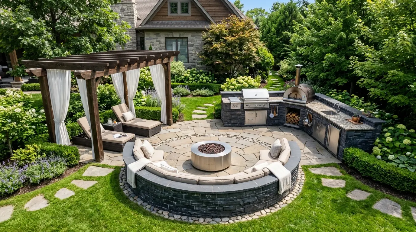 An expansive outdoor kitchen featuring a wood-fired oven and side burners, next to a ledgestone curved seating area and fire pit.