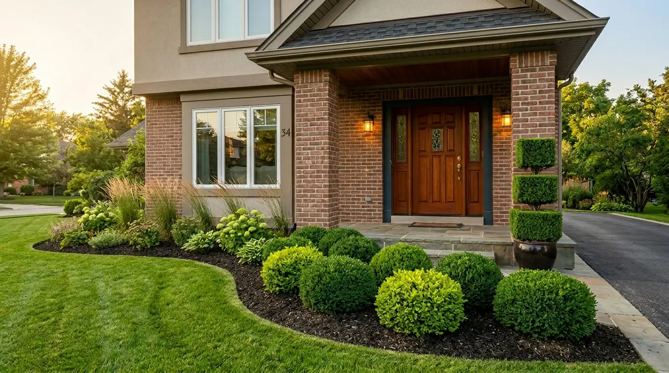 A suburban front porch featuring a topiary made of three stacked square cubes, brick pillars, a warm-wood door, and spherical shrubs.