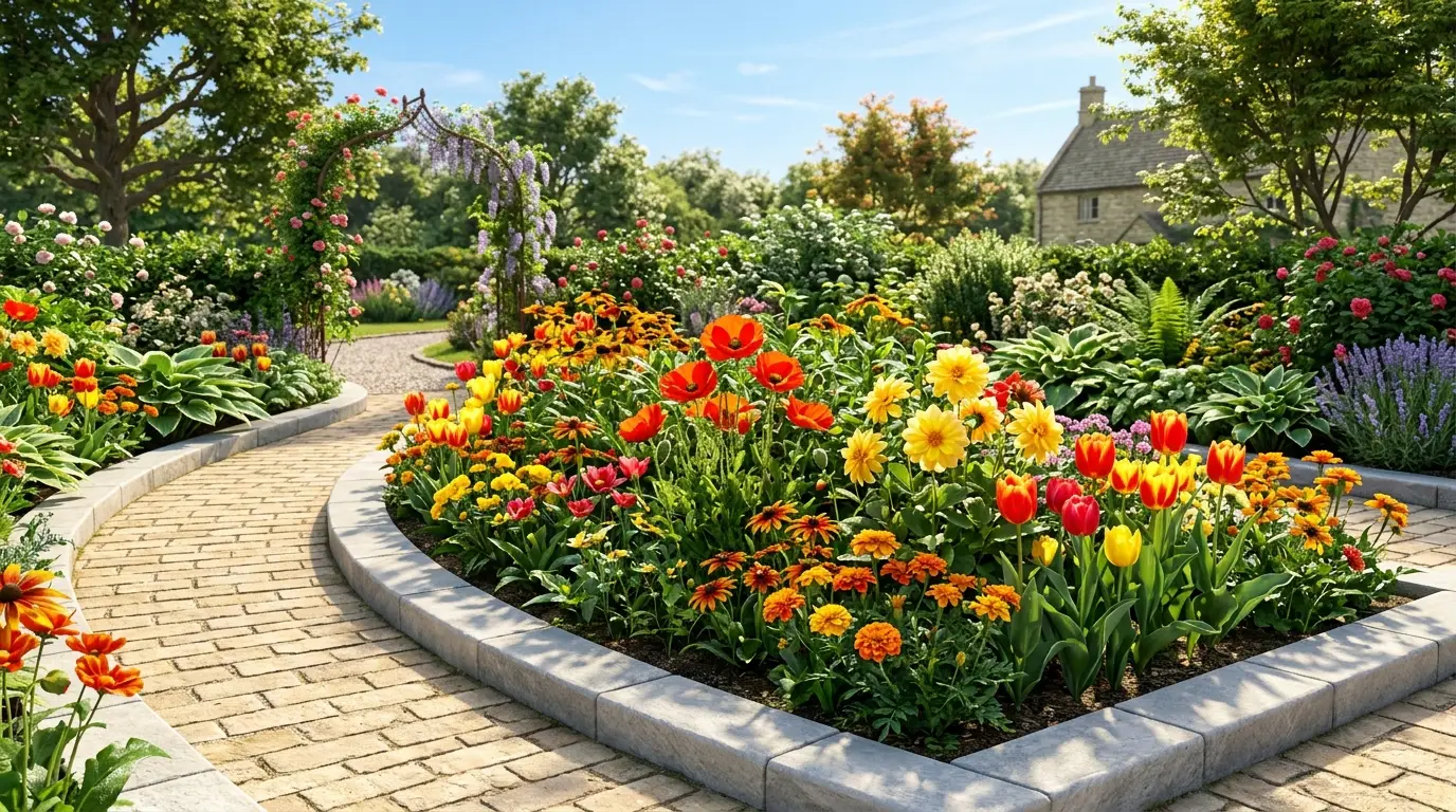 Natural sunlight highlighting the vivid colors and textures of a modern garden.