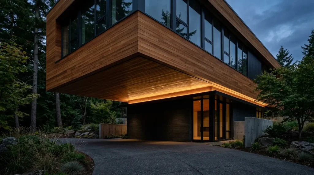 Dramatic modern house featuring a massive cantilevered second story clad in cedar siding.