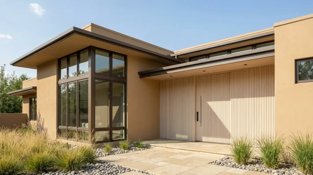 Soft sandstone modern house facade with ribbed ash wood accents and dark bronze window casings. Soft sandstone modern house facade with ribbed ash wood accents and dark bronze window casings.