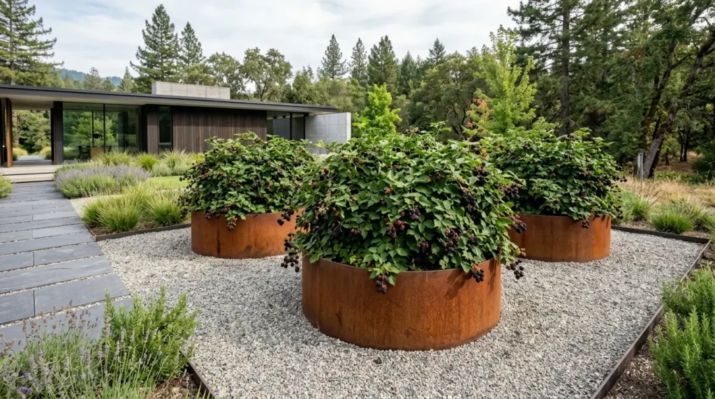 Circular rusted Corten steel planters filled with blackberry bushes sitting in a bed of minimalist pea gravel. Circular rusted Corten steel planters filled with blackberry bushes sitting in a bed of minimalist pea gravel.