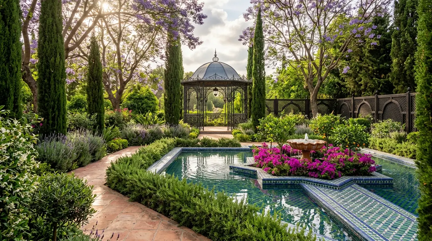 An ornate black wrought iron gazebo situated at the end of a winding terracotta path in a Mediterranean courtyard garden.
