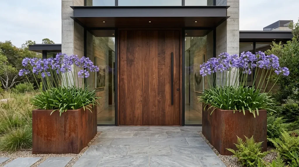 Oversized walnut pivot door flanked by Corten steel planters containing tall purple agapanthus flowers. Oversized walnut pivot door flanked by Corten steel planters containing tall purple agapanthus flowers.