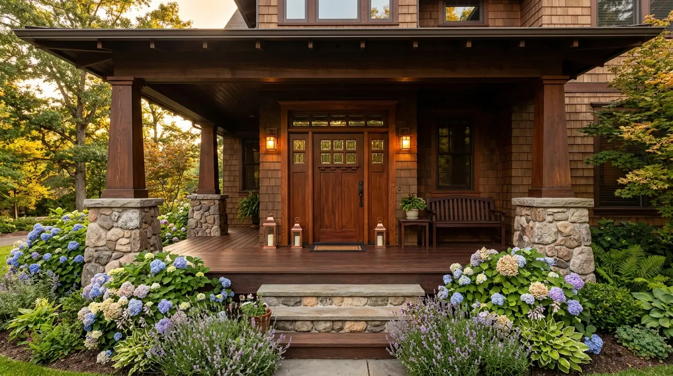 Warm wood craftsman front door framed by hydrangeas and tapered stone columns.