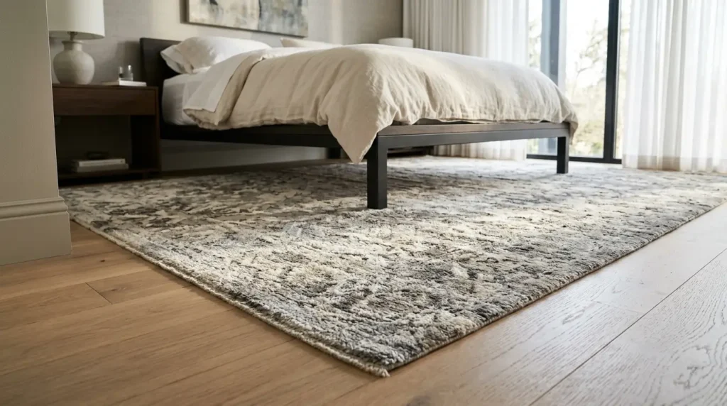 Ivory boucle lounge chair, brass side table, and black floor lamp in a modern luxury bedroom reading nook.