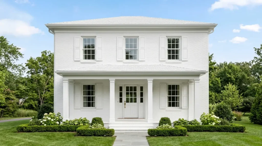Monochromatic all-white classic house exterior that creates a seamless, expansive look
