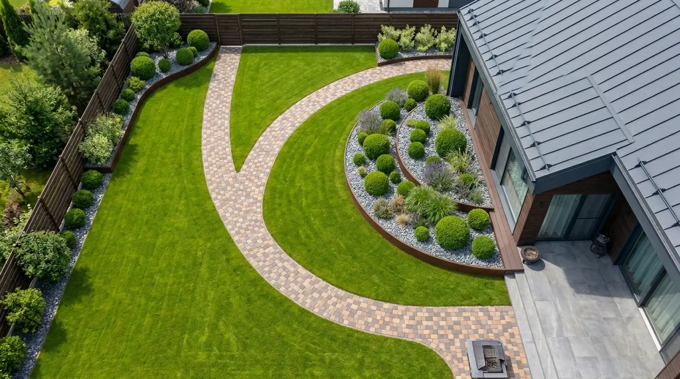 Top-down drone shot showing the precise geometry of curved stone paths, green lawns, and dark brown borders matching the home's architecture.