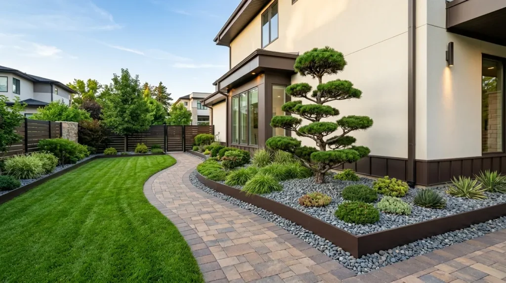 Vue détaillée d'une élégante bordure de jardin surélevée brun foncé contenant des roches grises et un arbre Niwaki dans une cour latérale résidentielle moderne. Vue détaillée d'une élégante bordure de jardin surélevée brun foncé contenant des roches grises et un arbre Niwaki dans une cour latérale résidentielle moderne.