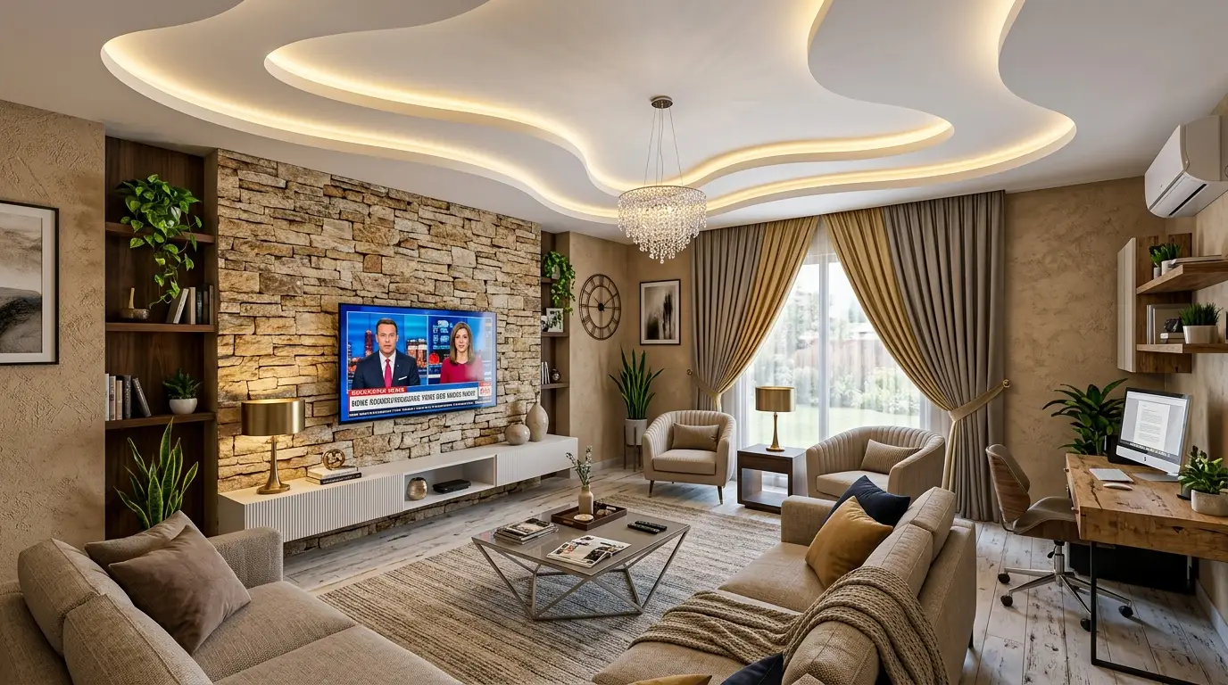 Highly tactile modern living room featuring rugged stack-stone, a ribbed white media console, a woven area rug, and a raw wood desk in the integrated workspace. Highly tactile modern living room featuring rugged stack-stone, a ribbed white media console, a woven area rug, and a raw wood desk in the integrated workspace.