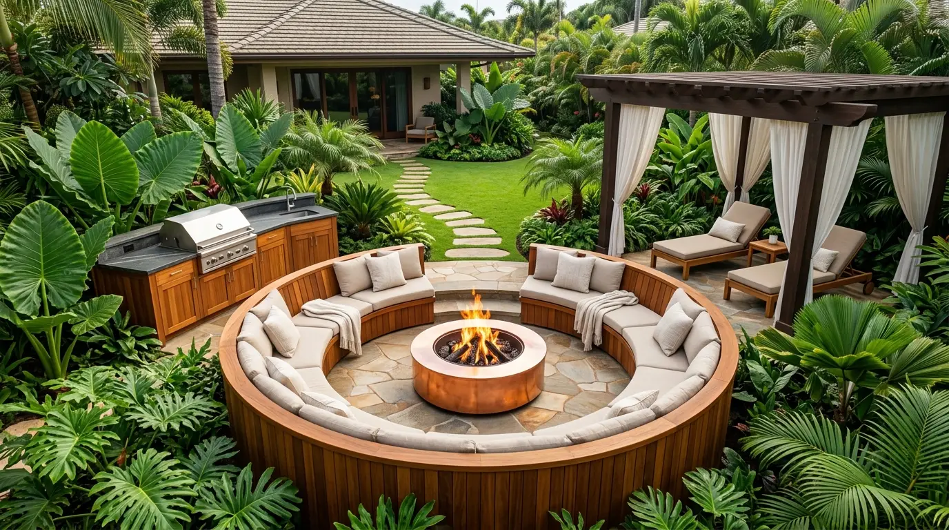 A tropical backyard resort design featuring warm teak wood curved seating, a polished copper fire pit, and lush broadleaf plants.
