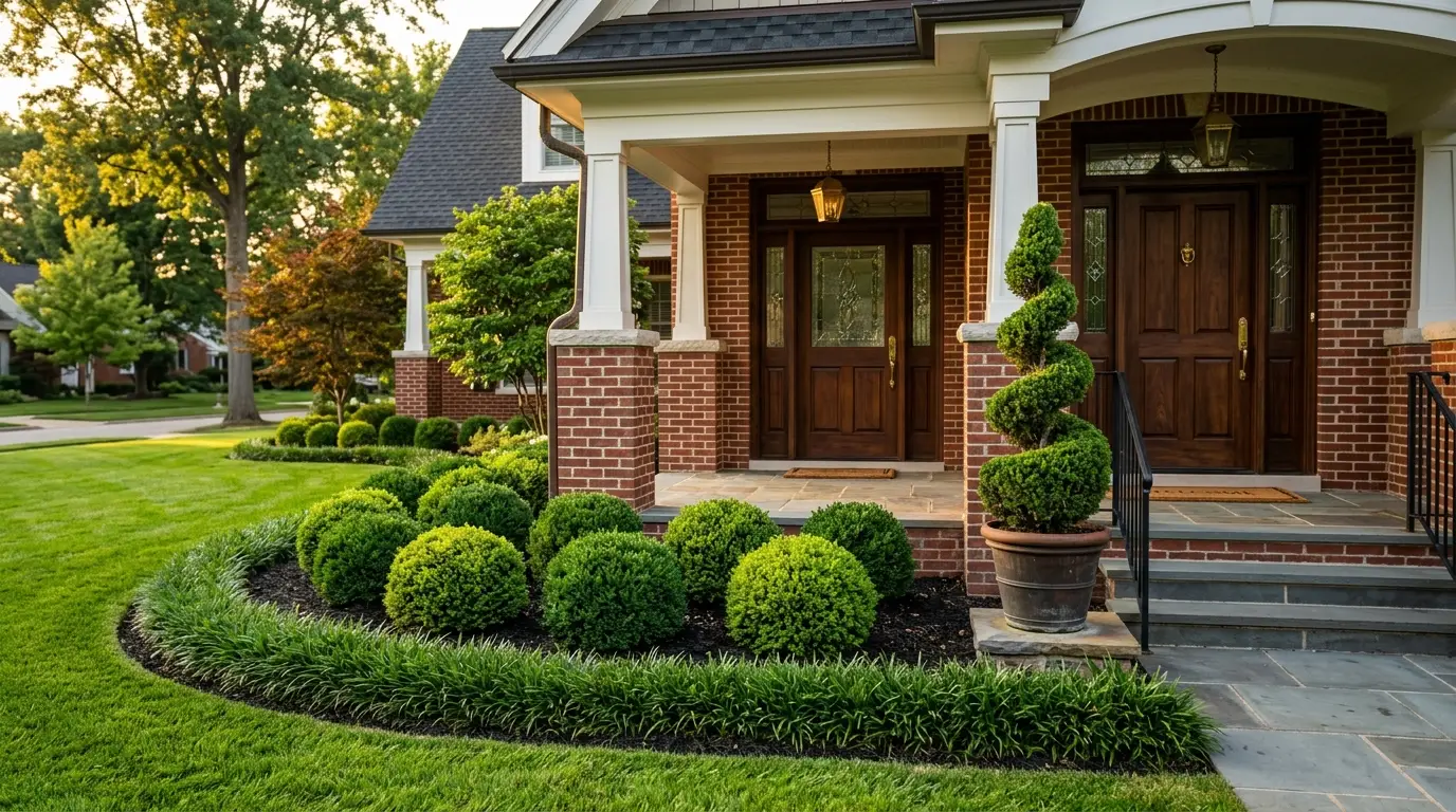 A traditional suburban entryway with a spiral topiary, spherical shrubs, and a garden bed meticulously bordered by neat dark green Liriope grass.