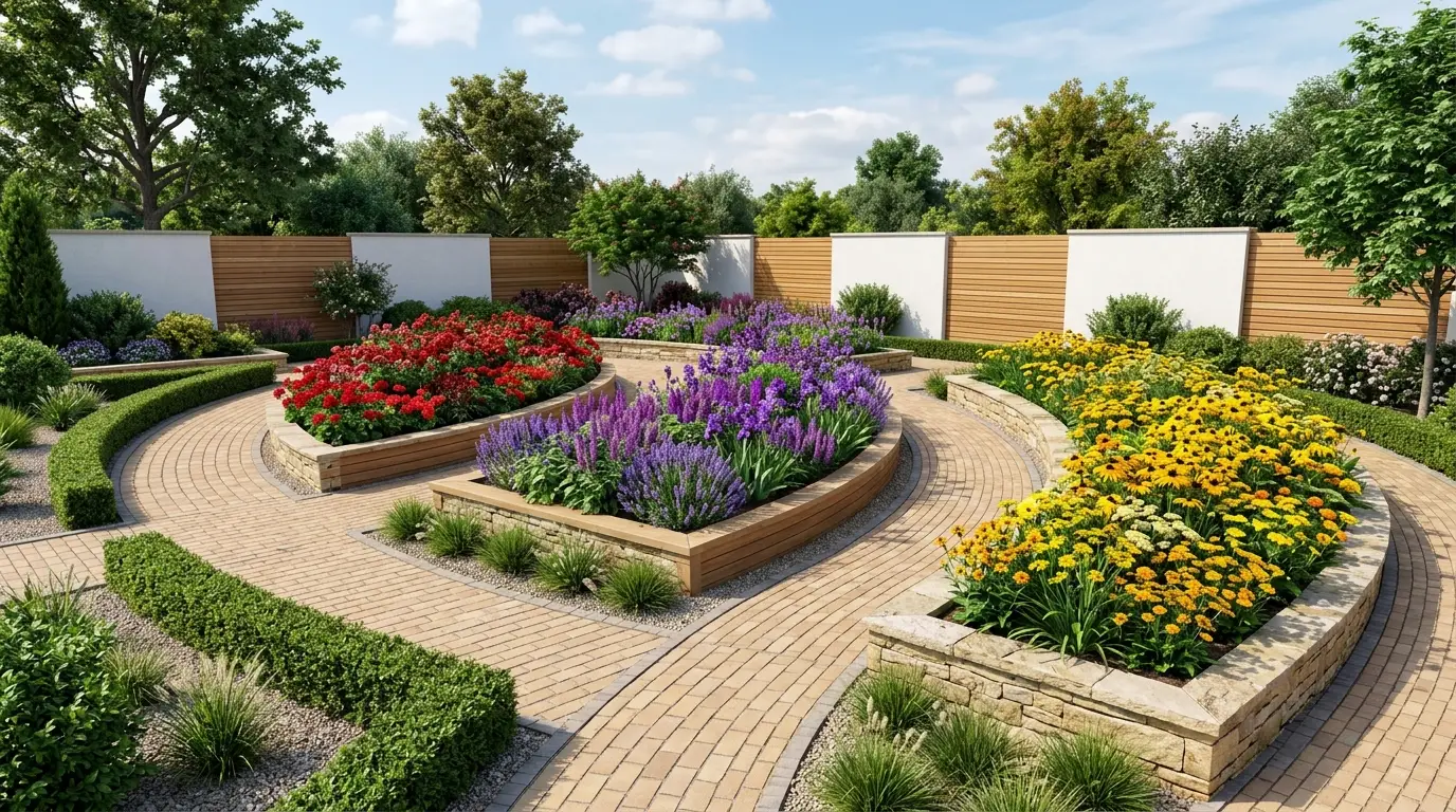 A wide view of a well-organized, modern elegant garden with structured floral displays.