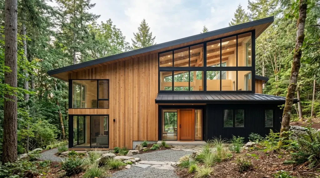 Modern home in a forest featuring a slanted shed roof, black metal siding, and natural pine accents.