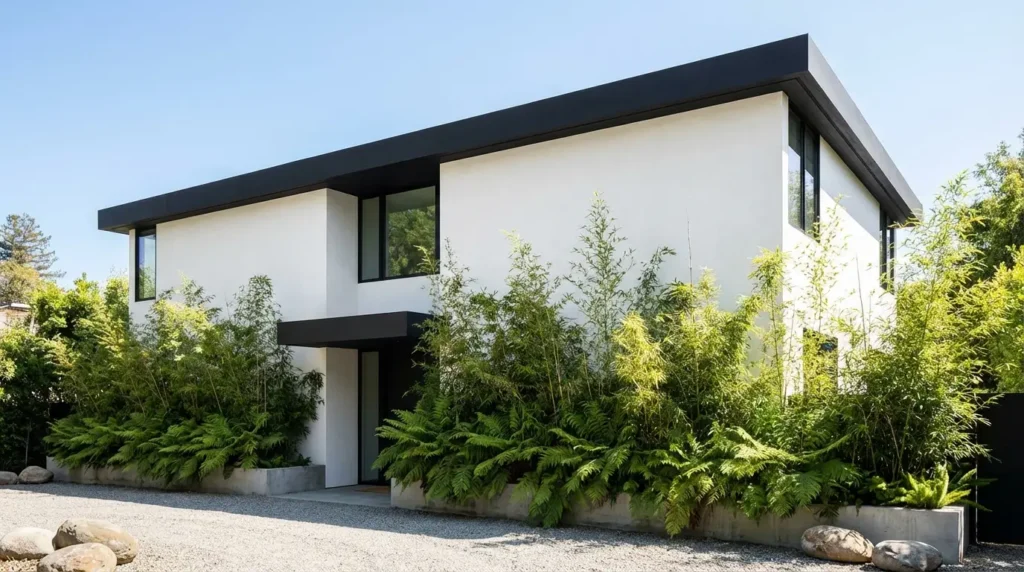 High-contrast pure white and matte black modern house softened by lush architectural greenery. High-contrast pure white and matte black modern house softened by lush architectural greenery.