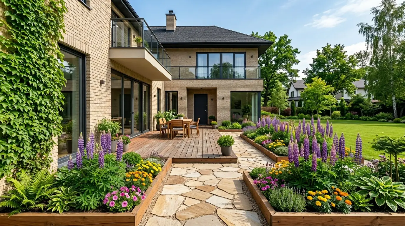 A stunning two-story suburban exterior showing a wooden deck transitioning into a rectangular flower garden with beige stone tiles.