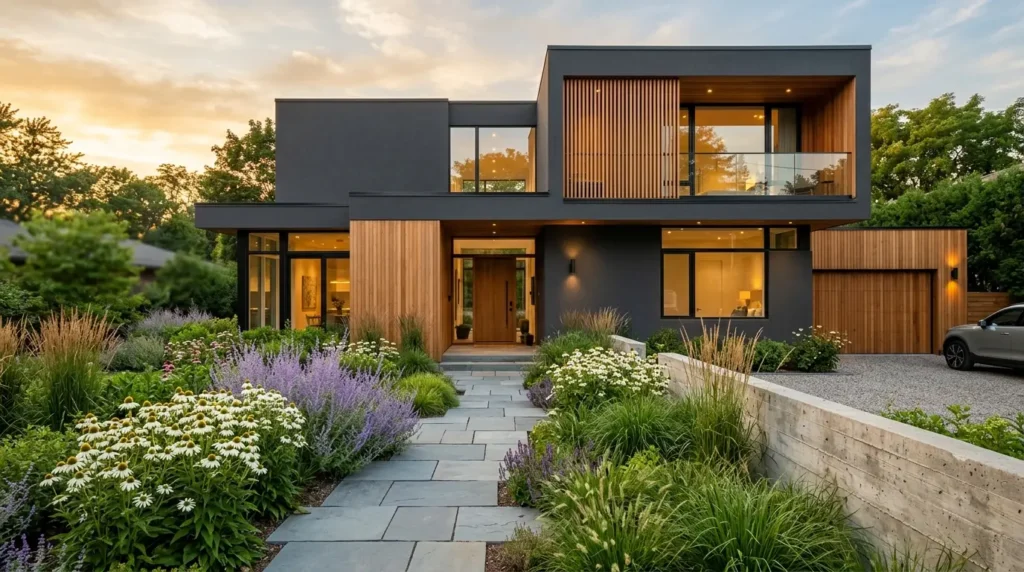 Modern organic minimalist house exterior with charcoal stucco and cedar siding, seamlessly integrated with a lush front yard flower garden of white echinacea and purple sage. Modern organic minimalist house exterior with charcoal stucco and cedar siding, seamlessly integrated with a lush front yard flower garden of white echinacea and purple sage.
