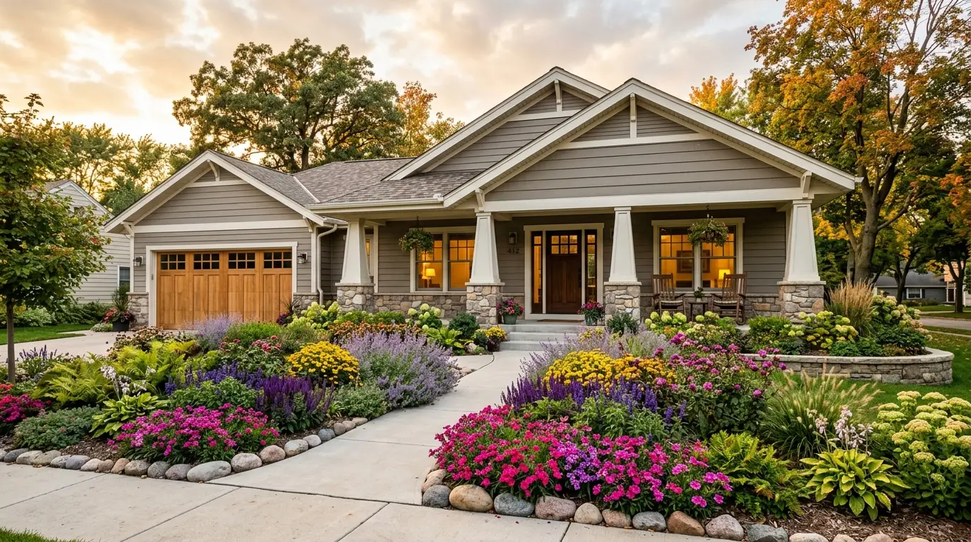 Wide-angle golden hour photo of a craftsman home with a dense, colorful corner flower bed and curving stone-lined walkway.