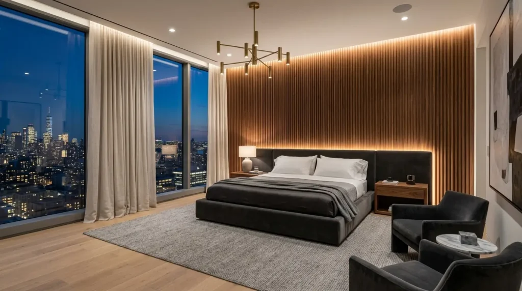 Elegant modern luxury bedroom interior with charcoal velvet bed, fluted walnut wood walls, and brushed brass chandelier at twilight.