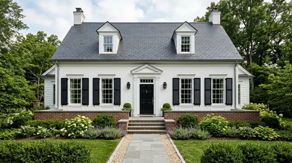 A small classic house featuring a steeply pitched roof, dormers, and symmetrical design to create the illusion of a massive estate