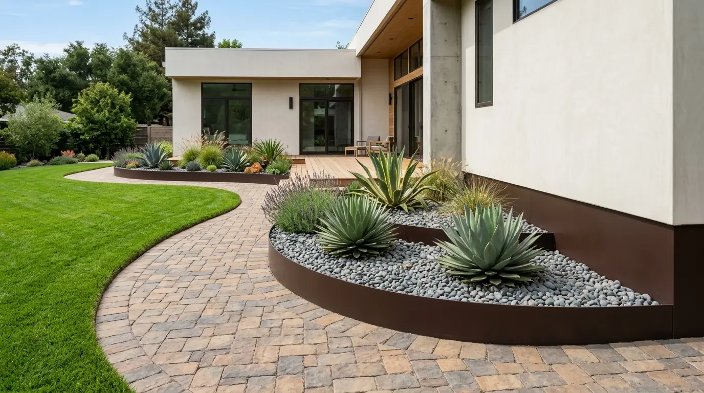 A modern landscaping design showing perfectly matched dark brown garden edging and house baseboards beside a stone pathway and green lawn.