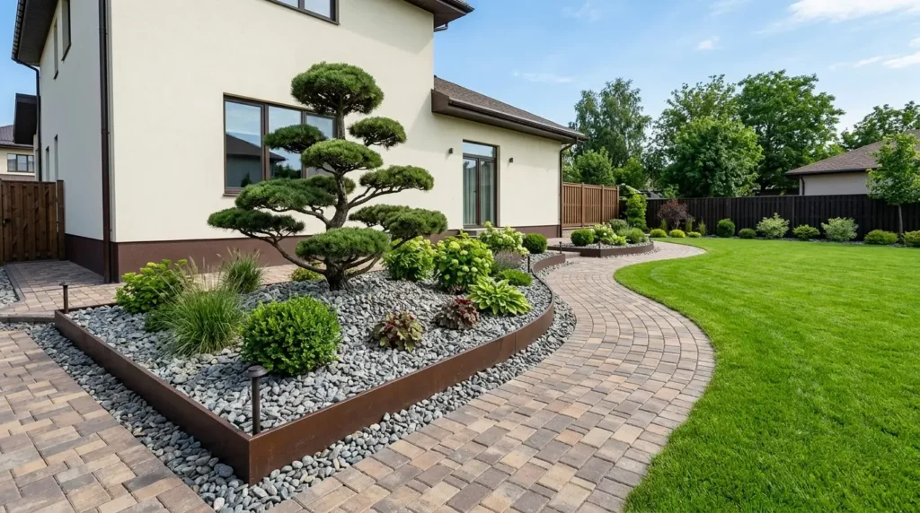 Une vaste cour latérale résidentielle moderne agrémentée d'un chemin de pierres imbriquées incurvé, d'une pelouse verdoyante luxuriante, d'un arbre Niwaki stylisé dans un parterre de roches grises, le tout jouxtant une maison de couleur crème claire. Une vaste cour latérale résidentielle moderne agrémentée d'un chemin de pierres imbriquées incurvé, d'une pelouse verdoyante luxuriante, d'un arbre Niwaki stylisé dans un parterre de roches grises, le tout jouxtant une maison de couleur crème claire.