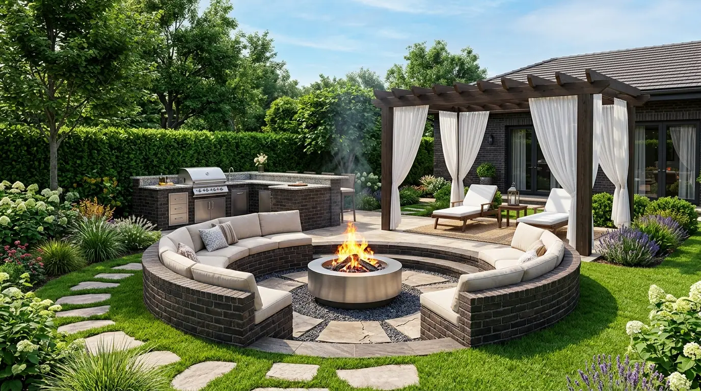 High-angle view of a luxurious modern outdoor kitchen and circular fire pit with dark brick seating, surrounded by lush green landscaping and a curtain-draped wooden pergola.