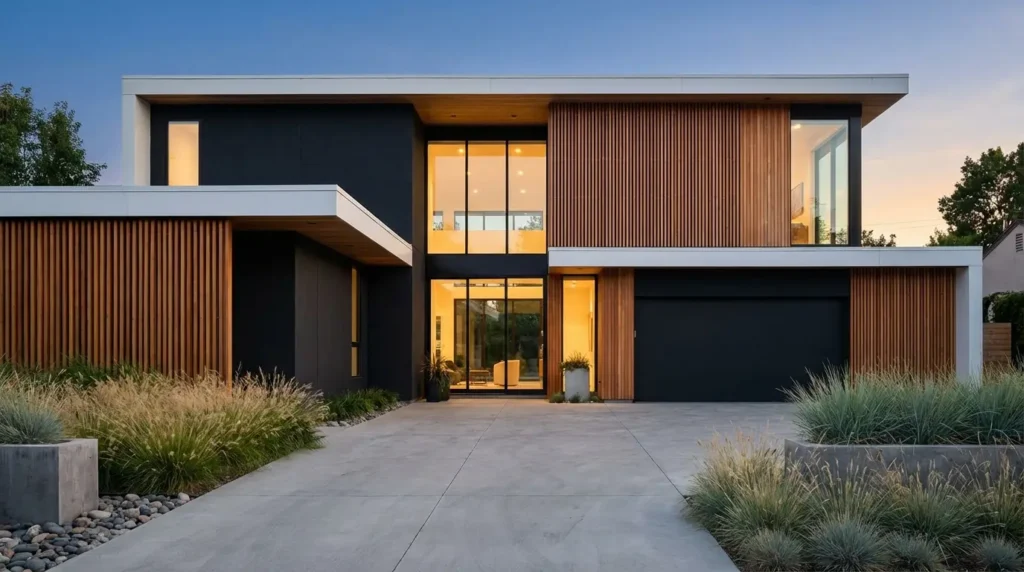 Modern organic minimalist house exterior featuring a charcoal black, warm cedar wood, and crisp white color combination at twilight. Modern organic minimalist house exterior featuring a charcoal black, warm cedar wood, and crisp white color combination at twilight.
